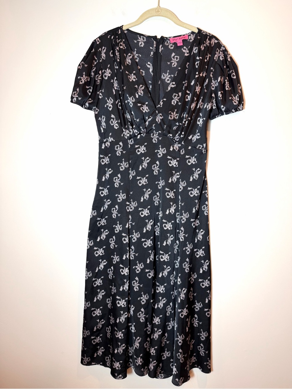 Betsy Johnson Black Bow Print Puff Sleeve Fit & Flare Dress Size 8
